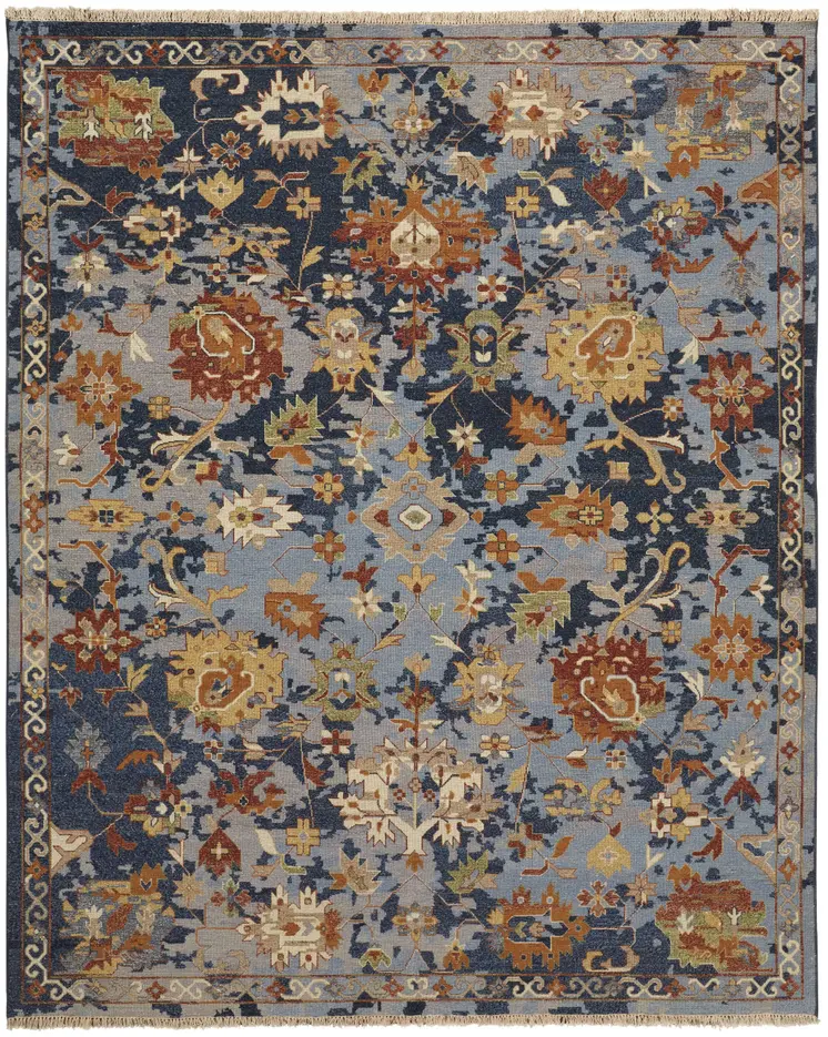 8' X 12' Blue Gray and Red Wool Floral Hand Knotted Area Rug With Fringe