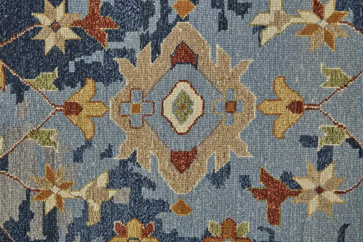 8' X 12' Blue Gray and Red Wool Floral Hand Knotted Area Rug With Fringe