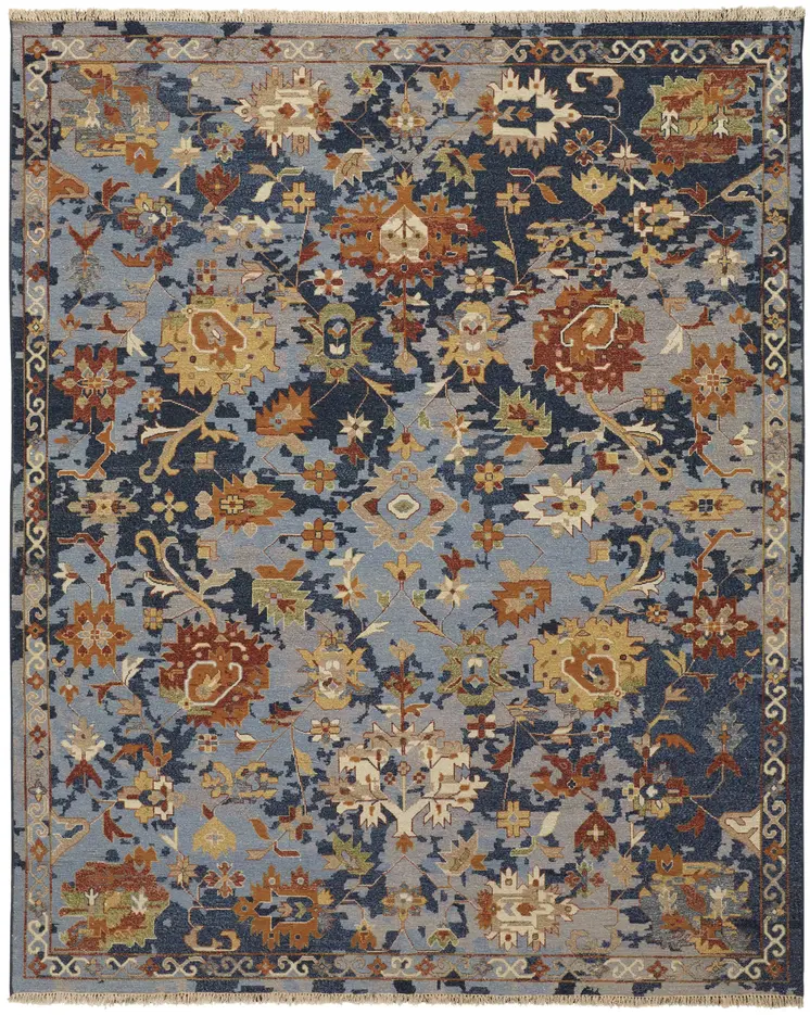 8' X 12' Blue Gray and Red Wool Floral Hand Knotted Area Rug With Fringe