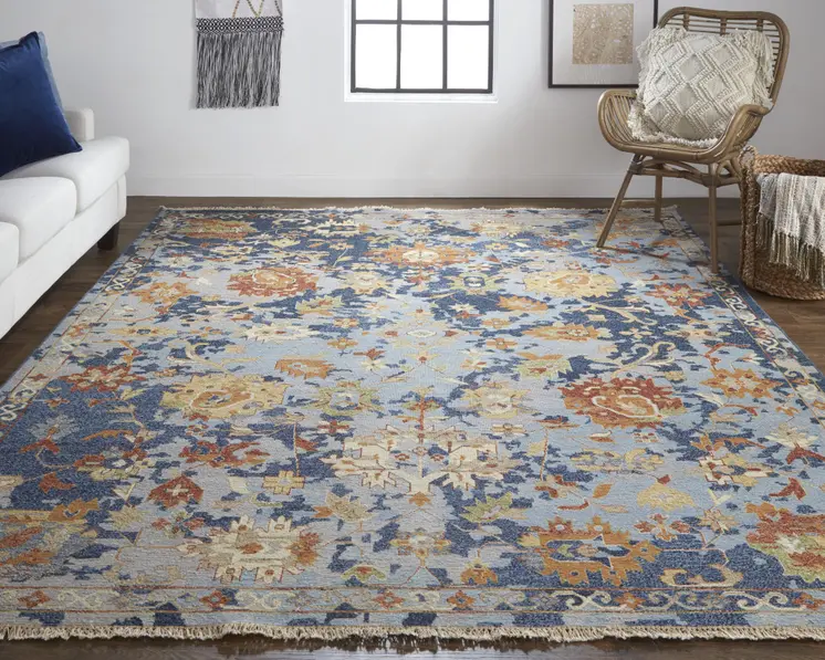 2' X 3' Blue Gray and Red Wool Floral Hand Knotted Area Rug With Fringe