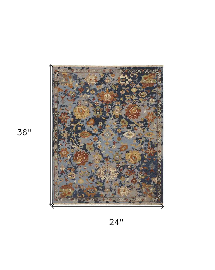 2' X 3' Blue Gray and Red Wool Floral Hand Knotted Area Rug With Fringe