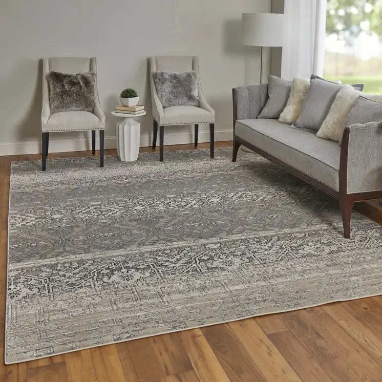 12' X 15' Black and Silver Abstract Power Loom Worn Faded Area Rug