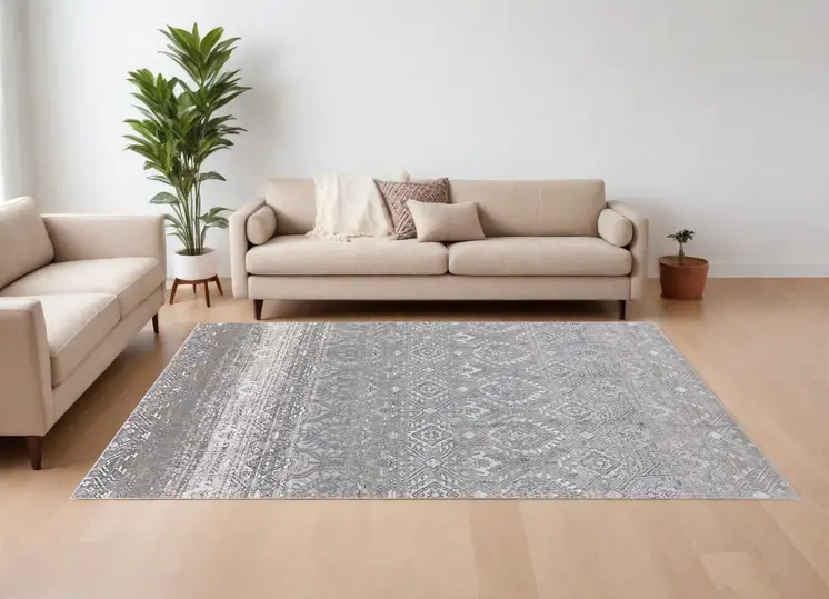 12' X 15' Black and Silver Abstract Power Loom Worn Faded Area Rug