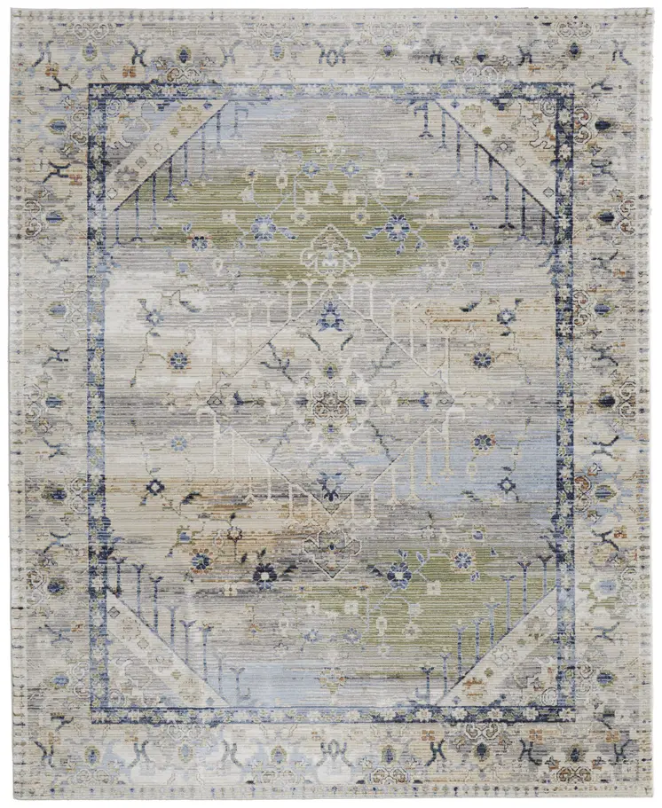 8' X 10' Ivory Green and Blue Abstract Power Loom Worn Faded Area Rug