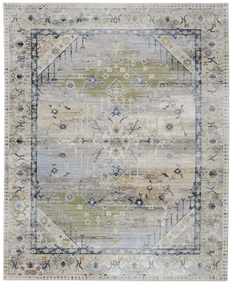 8' X 10' Ivory Green and Blue Abstract Power Loom Worn Faded Area Rug