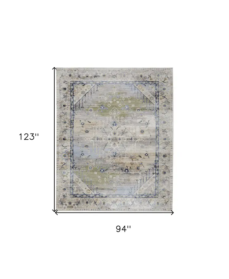 8' X 10' Ivory Green and Blue Abstract Power Loom Worn Faded Area Rug