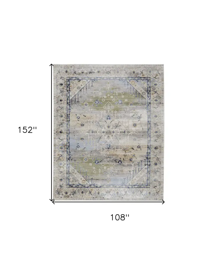 9' X 13' Ivory Green and Blue Abstract Power Loom Worn Faded Area Rug