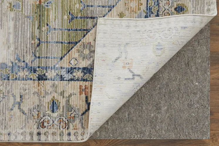2' X 3' Ivory Green and Blue Abstract Power Loom Worn Faded Area Rug
