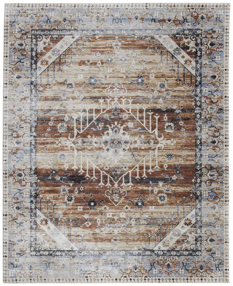 5' X 8' Ivory Red and Blue Abstract Power Loom Worn Faded Area Rug