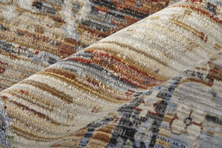 5' X 8' Ivory Red and Blue Abstract Power Loom Worn Faded Area Rug