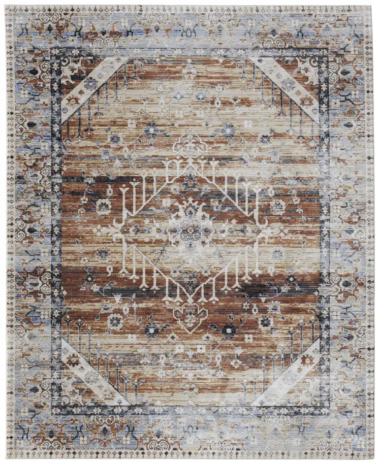 5' X 8' Ivory Red and Blue Abstract Power Loom Worn Faded Area Rug