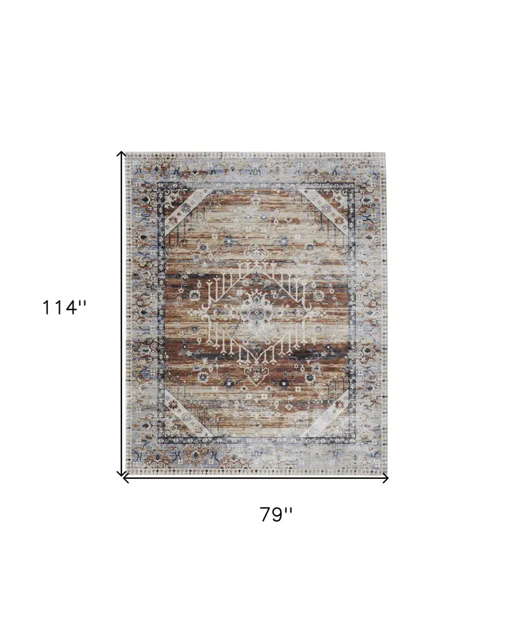 7' X 10' Ivory Red and Blue Abstract Power Loom Worn Faded Area Rug