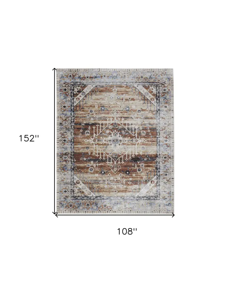 9' X 13' Ivory Red and Blue Abstract Power Loom Worn Faded Area Rug