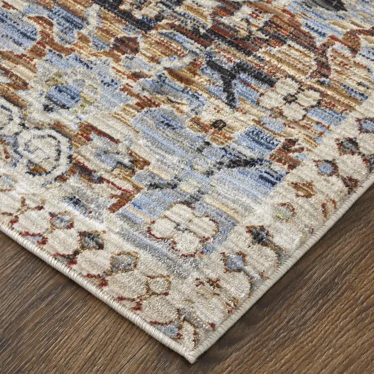 2' X 3' Ivory Red and Blue Abstract Power Loom Worn Faded Area Rug