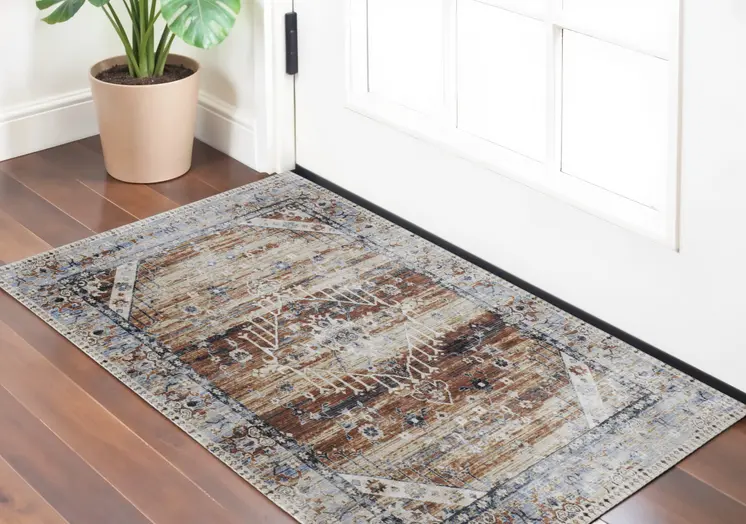 2' X 3' Ivory Red and Blue Abstract Power Loom Worn Faded Area Rug