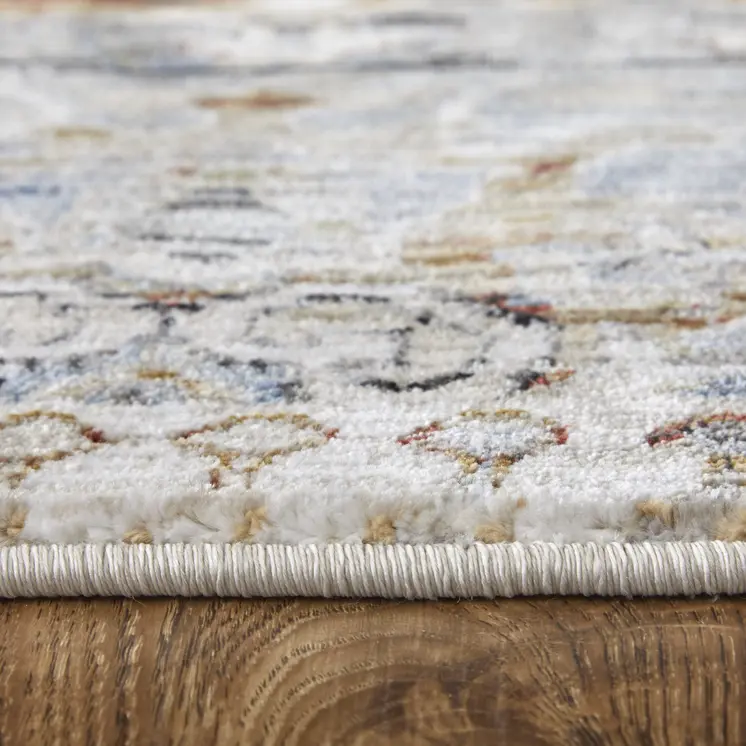 2' X 3' Ivory Red and Blue Abstract Power Loom Worn Faded Area Rug