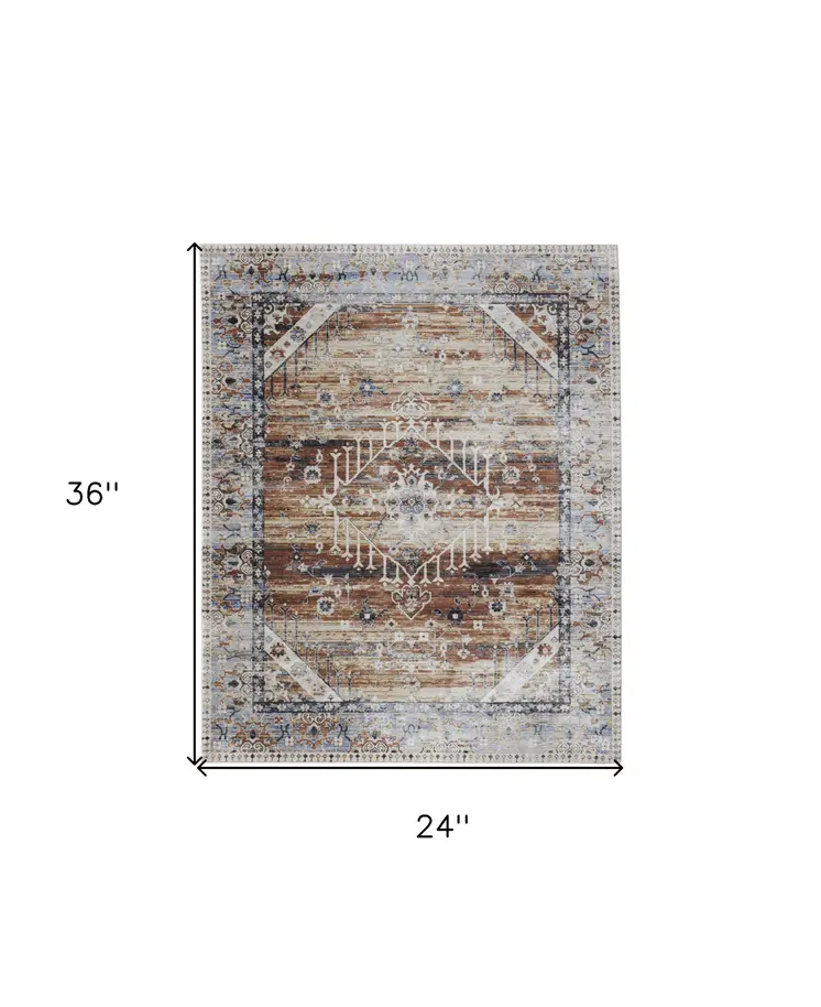 2' X 3' Ivory Red and Blue Abstract Power Loom Worn Faded Area Rug