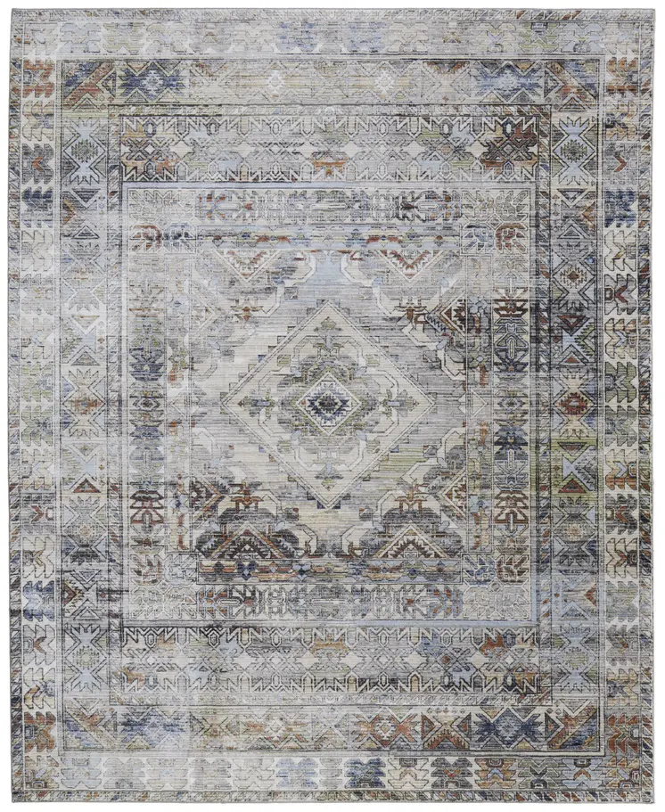 7' X 10' Gray Blue and Red Abstract Power Loom Worn Faded Area Rug