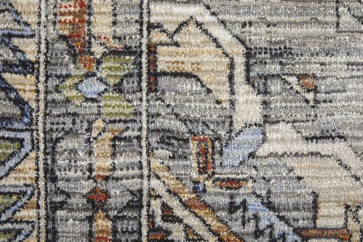 7' X 10' Gray Blue and Red Abstract Power Loom Worn Faded Area Rug