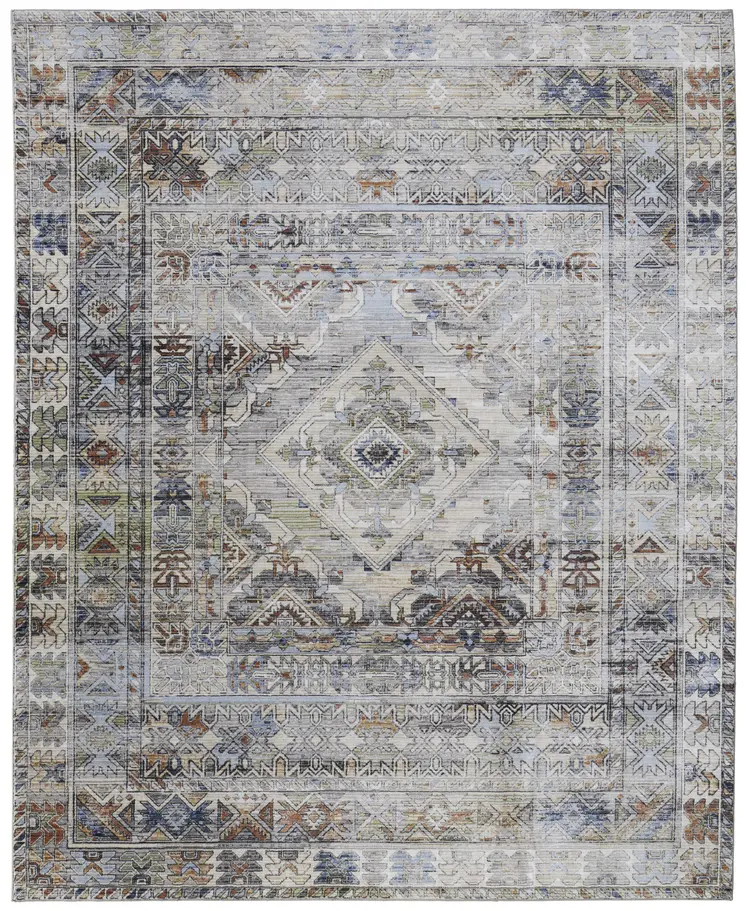 8' X 10' Gray Blue and Red Abstract Power Loom Worn Faded Area Rug
