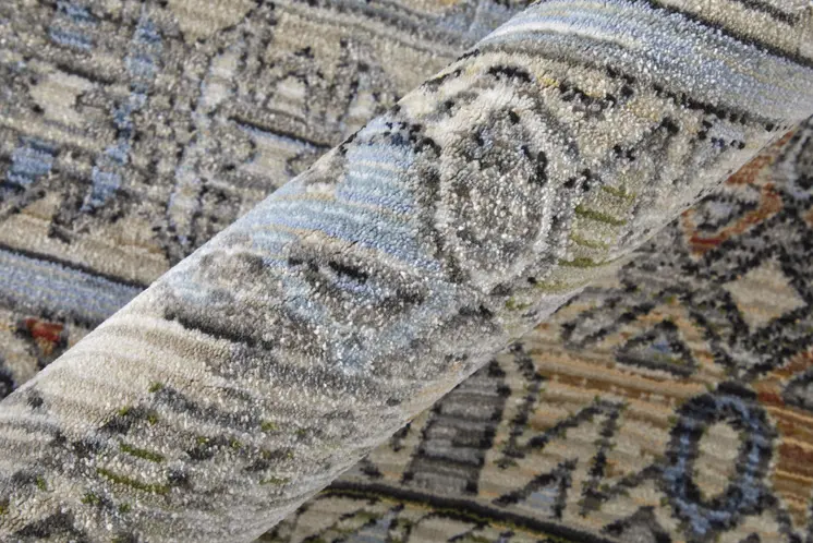 8' X 10' Gray Blue and Red Abstract Power Loom Worn Faded Area Rug