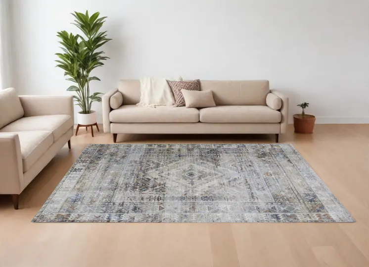 9' X 13' Gray Blue and Red Abstract Power Loom Worn Faded Area Rug