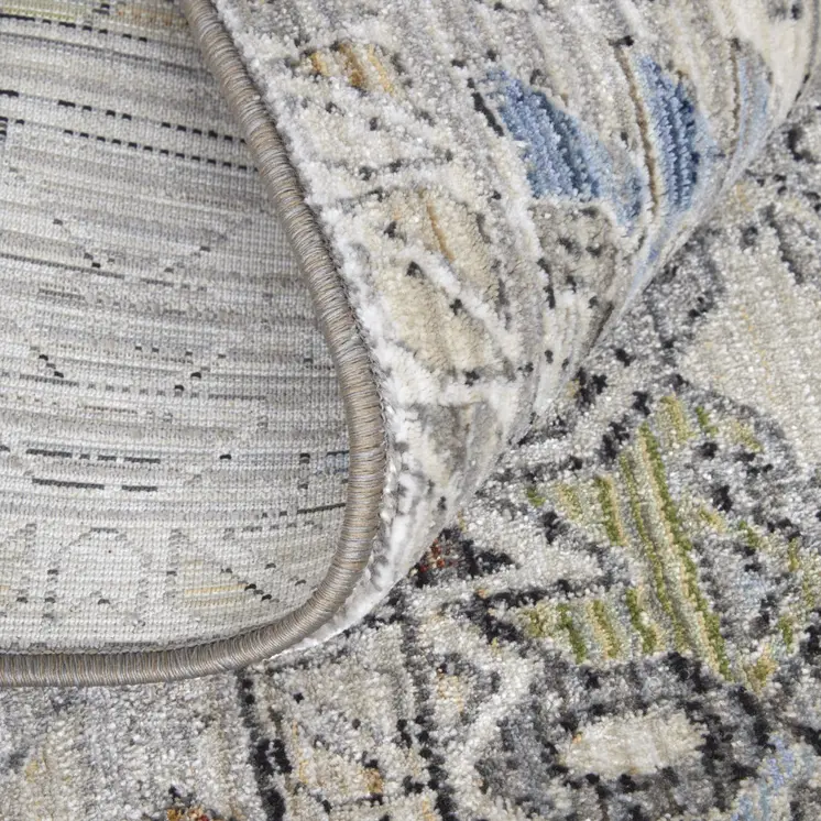 9' X 13' Gray Blue and Red Abstract Power Loom Worn Faded Area Rug