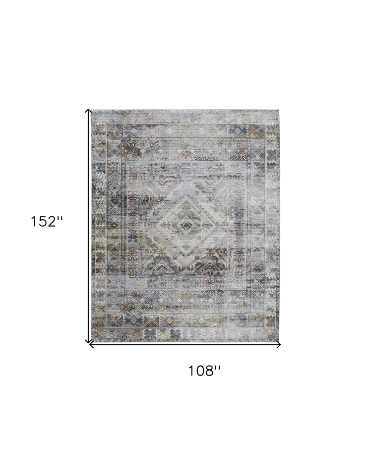 9' X 13' Gray Blue and Red Abstract Power Loom Worn Faded Area Rug