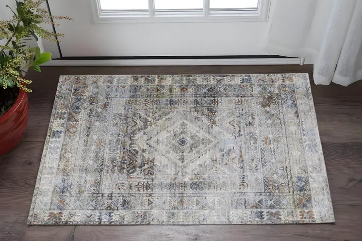 2' X 3' Gray Blue and Red Abstract Power Loom Worn Faded Area Rug
