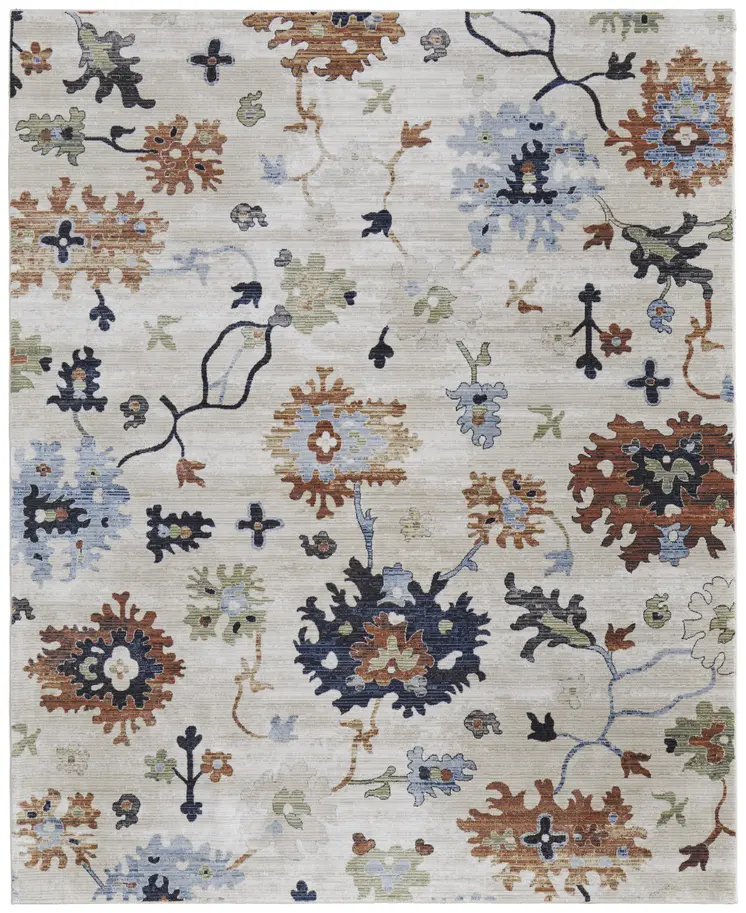 5' X 8' Ivory Red and Blue Floral Power Loom Area Rug