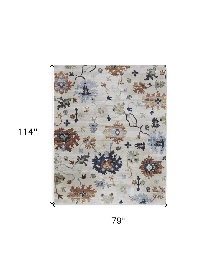 7' X 10' Ivory Red and Blue Floral Power Loom Area Rug