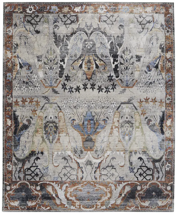 9' X 13' Gray Black and Red Ikat Power Loom Area Rug