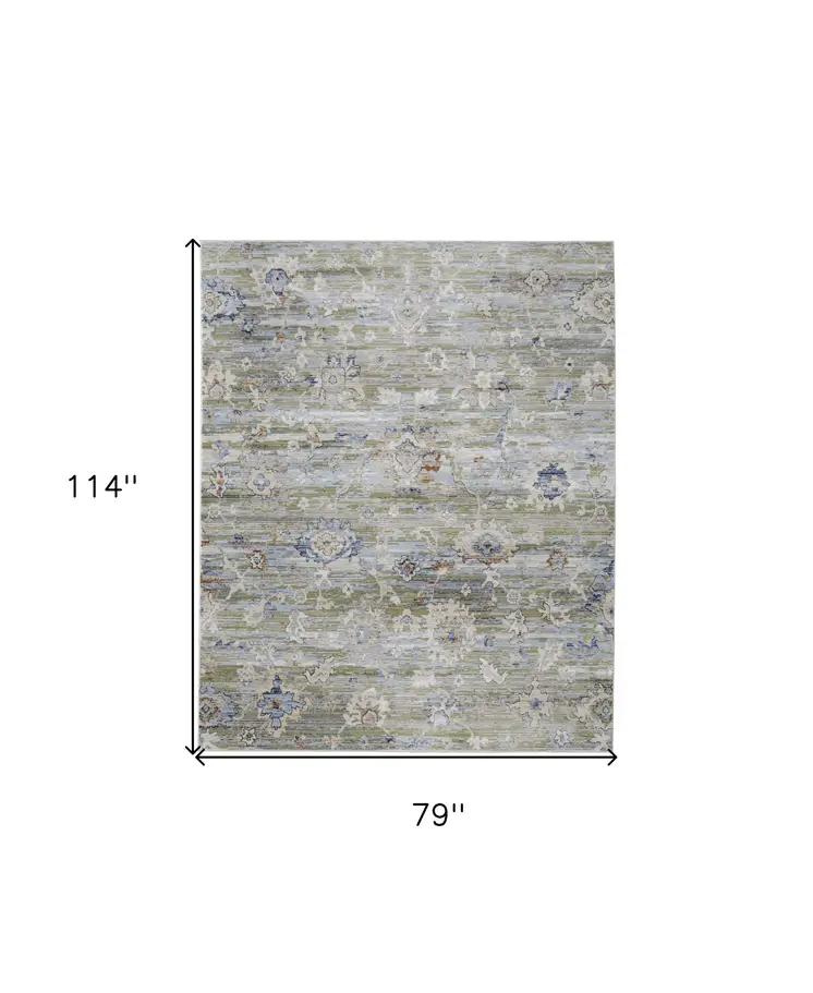 7' X 10' Ivory Green and Blue Floral Power Loom Worn Faded Area Rug