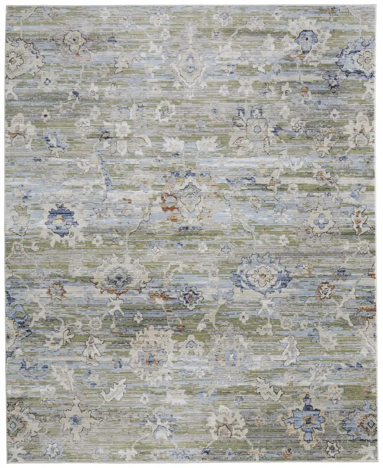 8' X 10' Ivory Green and Blue Floral Power Loom Worn Faded Area Rug