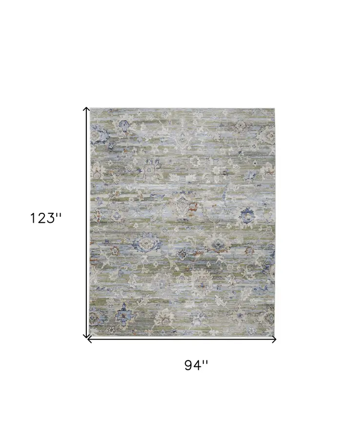 8' X 10' Ivory Green and Blue Floral Power Loom Worn Faded Area Rug