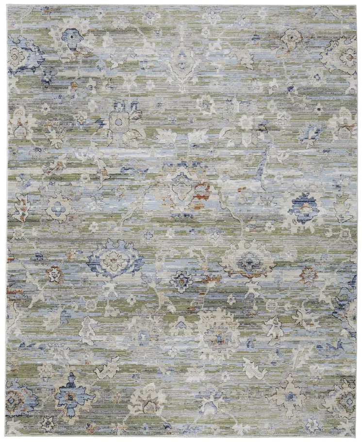 8' X 10' Ivory Green and Blue Floral Power Loom Worn Faded Area Rug
