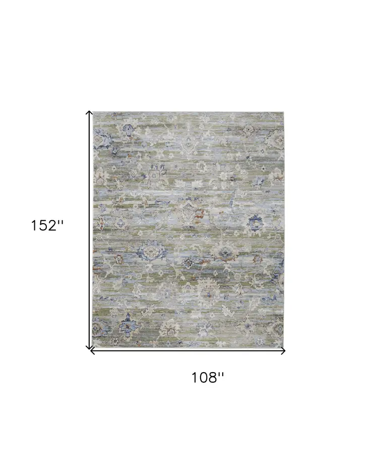 9' X 13' Ivory Green and Blue Floral Power Loom Worn Faded Area Rug