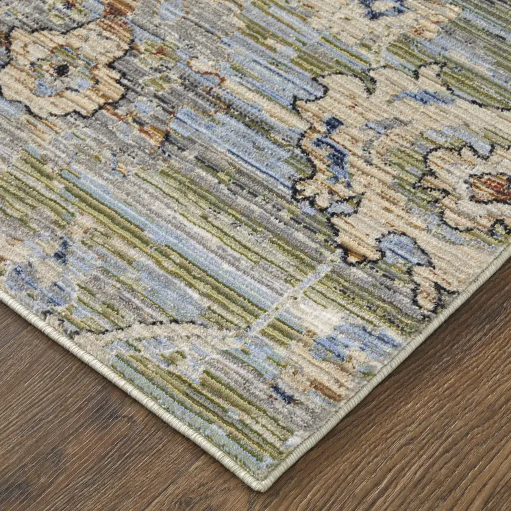2' X 3' Ivory Green and Blue Floral Power Loom Worn Faded Area Rug