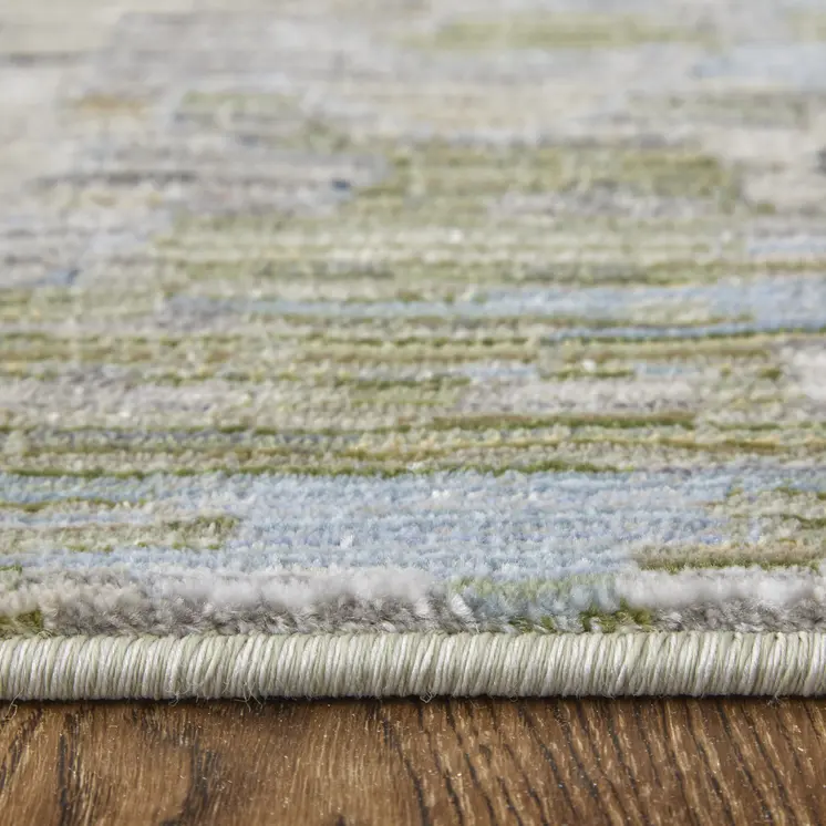 2' X 3' Ivory Green and Blue Floral Power Loom Worn Faded Area Rug