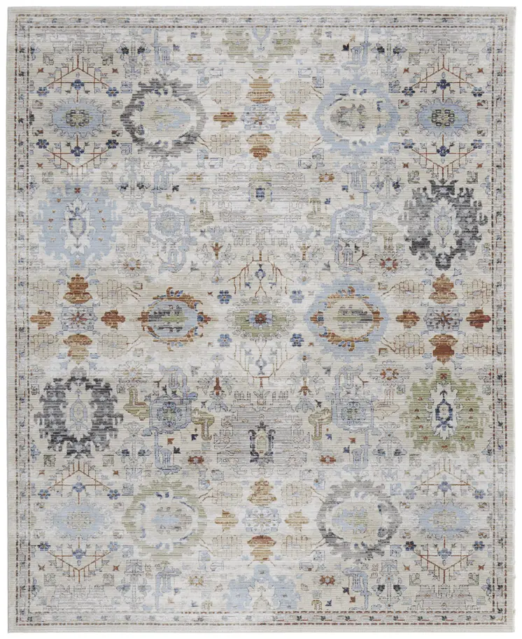 9' X 13' Ivory Red and Blue Floral Power Loom Area Rug