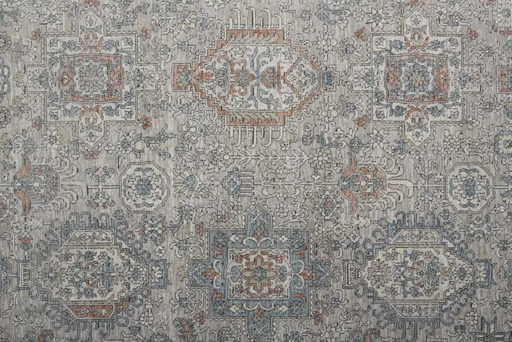 8' X 10' Silver Taupe and Blue Oriental Power Loom Worn Faded Area Rug With Fringe