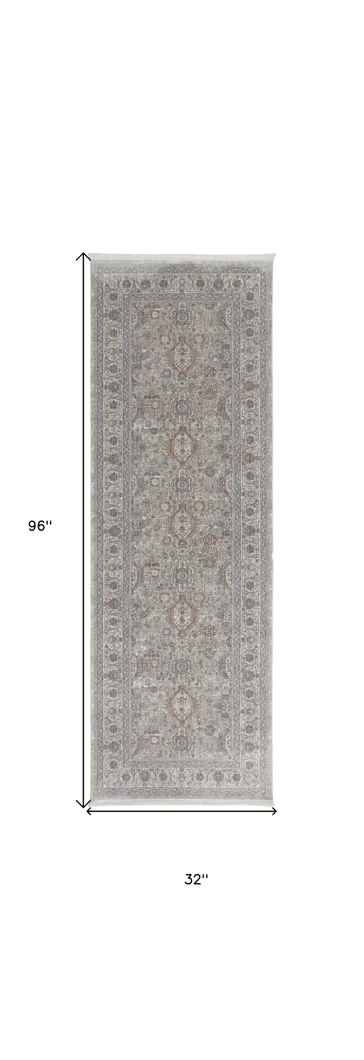 8' Silver Taupe and Blue Oriental Power Loom Worn Faded Runner Rug With Fringe