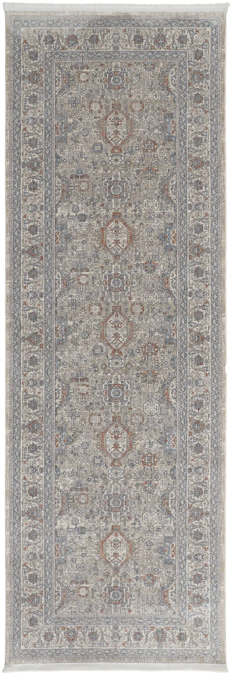 8' Silver Taupe and Blue Oriental Power Loom Worn Faded Runner Rug With Fringe