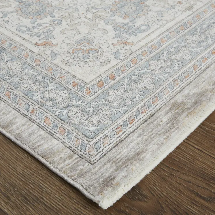 10' Silver Taupe and Blue Oriental Power Loom Runner Rug With Fringe