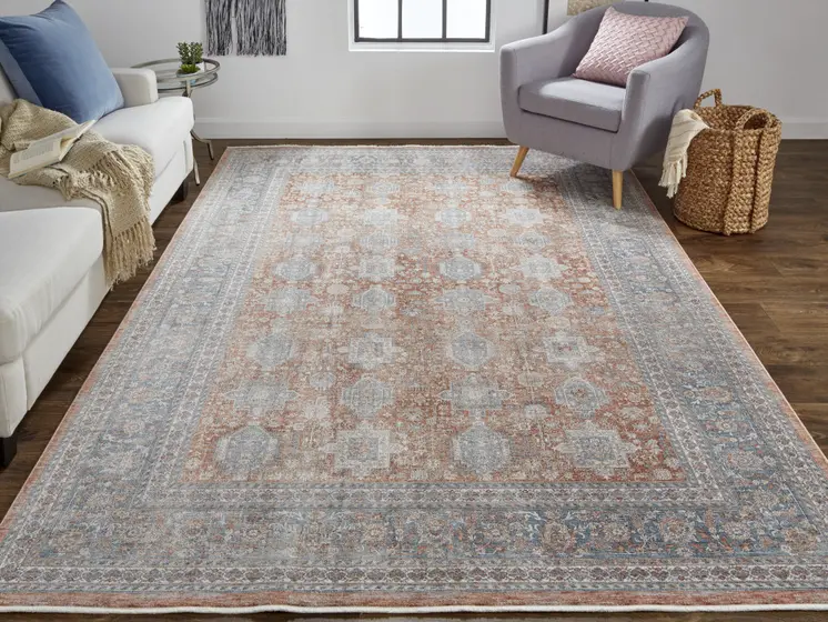 10' Silver Taupe and Blue Oriental Power Loom Runner Rug With Fringe