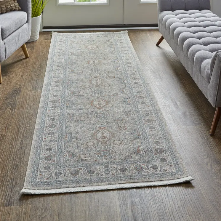 10' Silver Taupe and Blue Oriental Power Loom Runner Rug With Fringe
