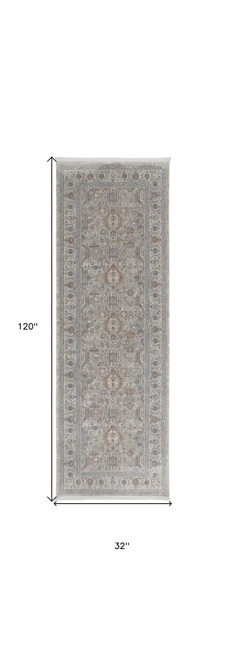 10' Silver Taupe and Blue Oriental Power Loom Runner Rug With Fringe