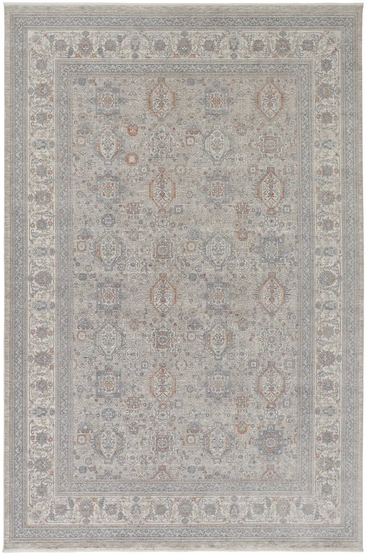12' X 15' Silver Taupe and Blue Oriental Power Loom Worn Faded Area Rug With Fringe