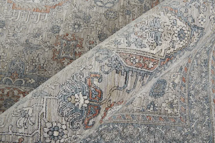 12' X 15' Silver Taupe and Blue Oriental Power Loom Worn Faded Area Rug With Fringe