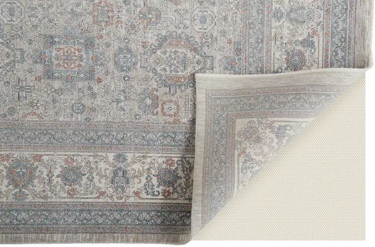 12' X 15' Silver Taupe and Blue Oriental Power Loom Worn Faded Area Rug With Fringe